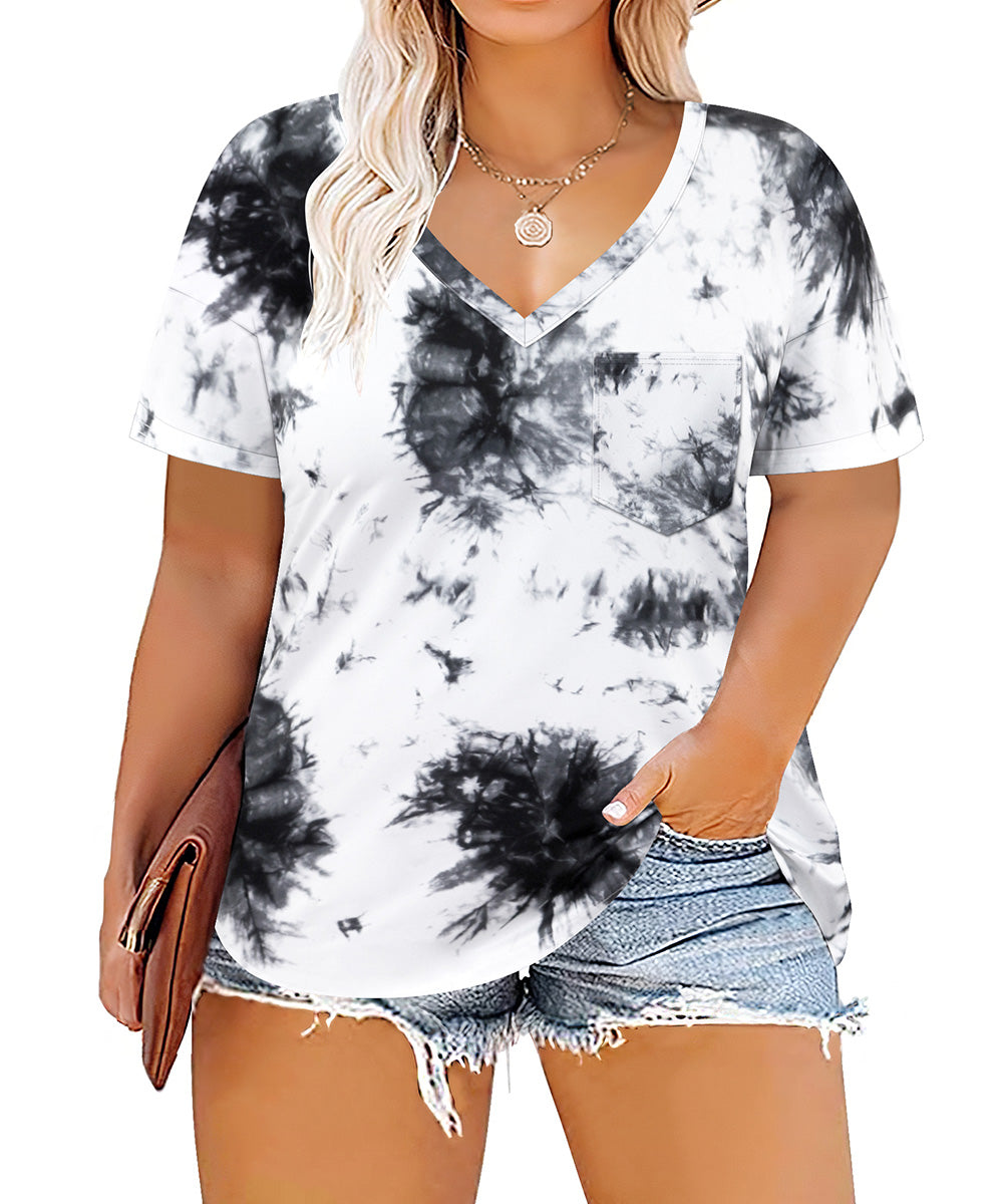 CASSIE LIZ Plus Size Tops Summer Short Sleeve Hawaiian Shirts Womens Blouses Cute Ladies V Neck Tee Tunic Dressy Pullover Solid/Tie Dye/Floral/Leaf(XL-5XL)