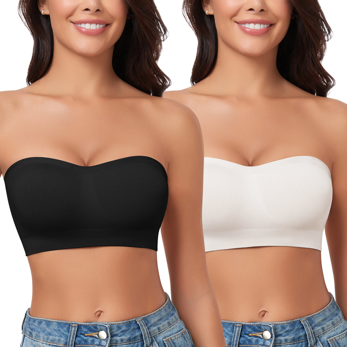 2 Pack Strapless Bras for Women Non-Slip Wireless Bandeau Bras Supportive Padded Seamless Comfort Tube Top Bra with Clear Bra Straps