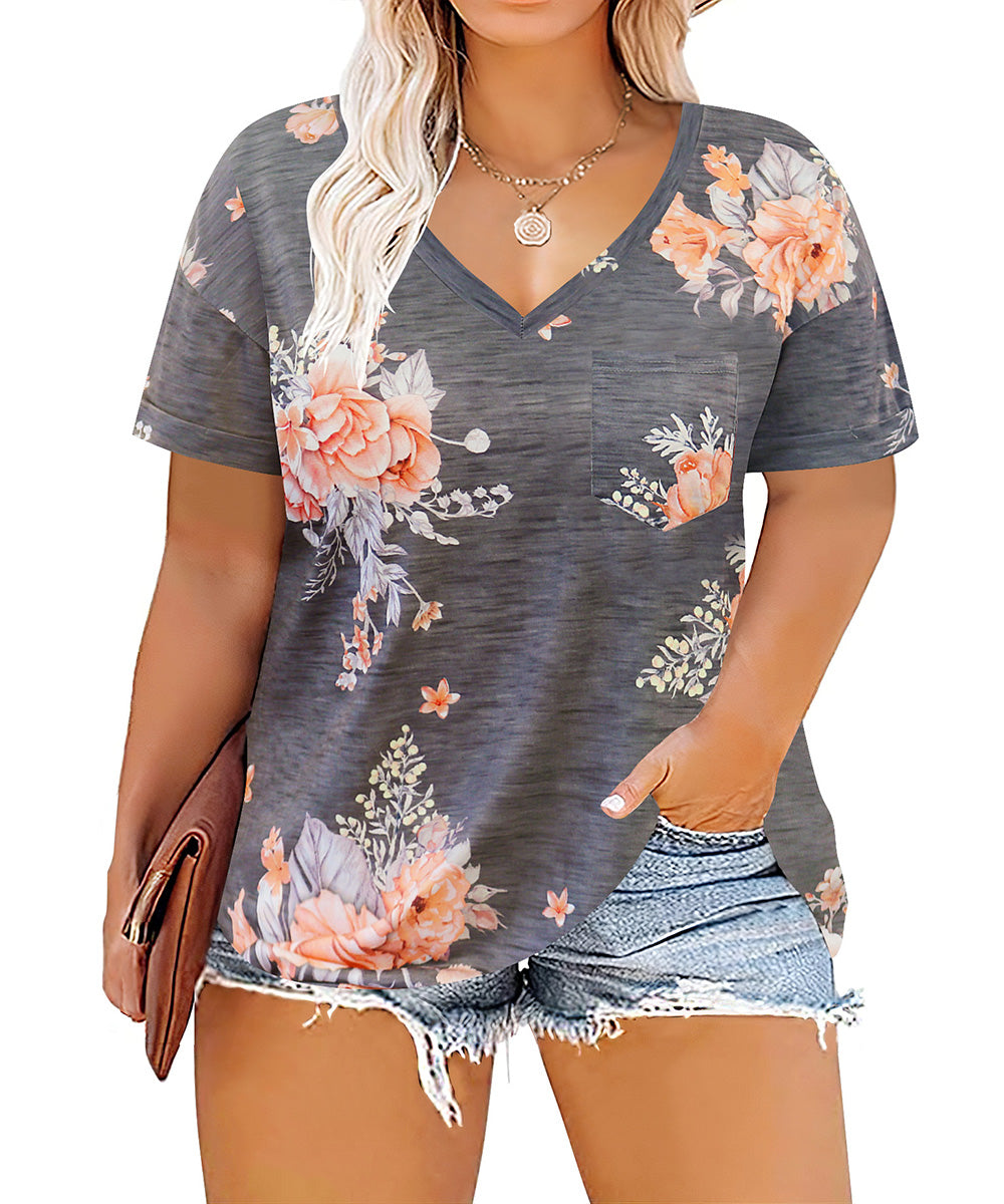 CASSIE LIZ Plus Size Tops Summer Short Sleeve Hawaiian Shirts Womens Blouses Cute Ladies V Neck Tee Tunic Dressy Pullover Solid/Tie Dye/Floral/Leaf(XL-5XL)