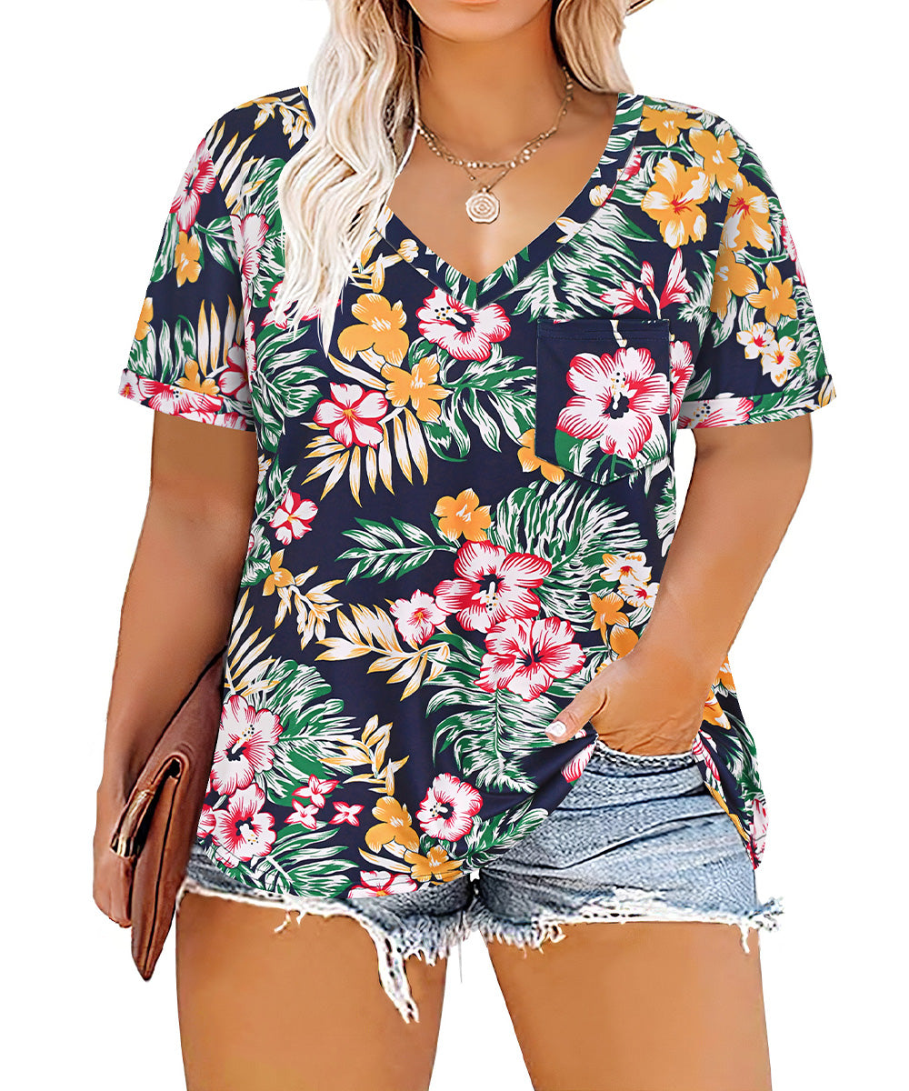 CASSIE LIZ Plus Size Tops Summer Short Sleeve Hawaiian Shirts Womens Blouses Cute Ladies V Neck Tee Tunic Dressy Pullover Solid/Tie Dye/Floral/Leaf(XL-5XL)