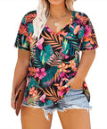CASSIE LIZ Plus Size Tops Summer Short Sleeve Hawaiian Shirts Womens Blouses Cute Ladies V Neck Tee Tunic Dressy Pullover Solid/Tie Dye/Floral/Leaf(XL-5XL)