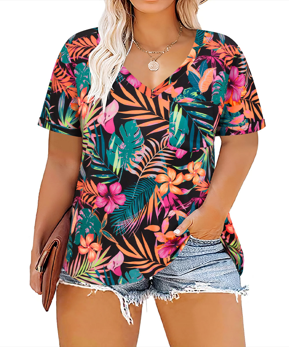 CASSIE LIZ Plus Size Tops Summer Short Sleeve Hawaiian Shirts Womens Blouses Cute Ladies V Neck Tee Tunic Dressy Pullover Solid/Tie Dye/Floral/Leaf(XL-5XL)