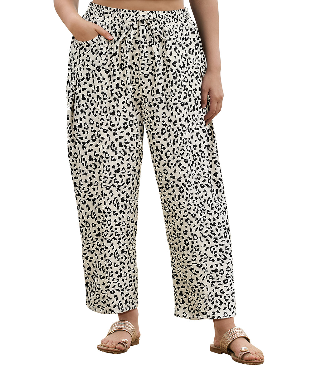 CASSIE LIZ Plus Size Pants Dress Wide Leg Crop Pleated Lounge Elastic High Waist Pants with Pockets Solid/Leopard (XL-5XL)