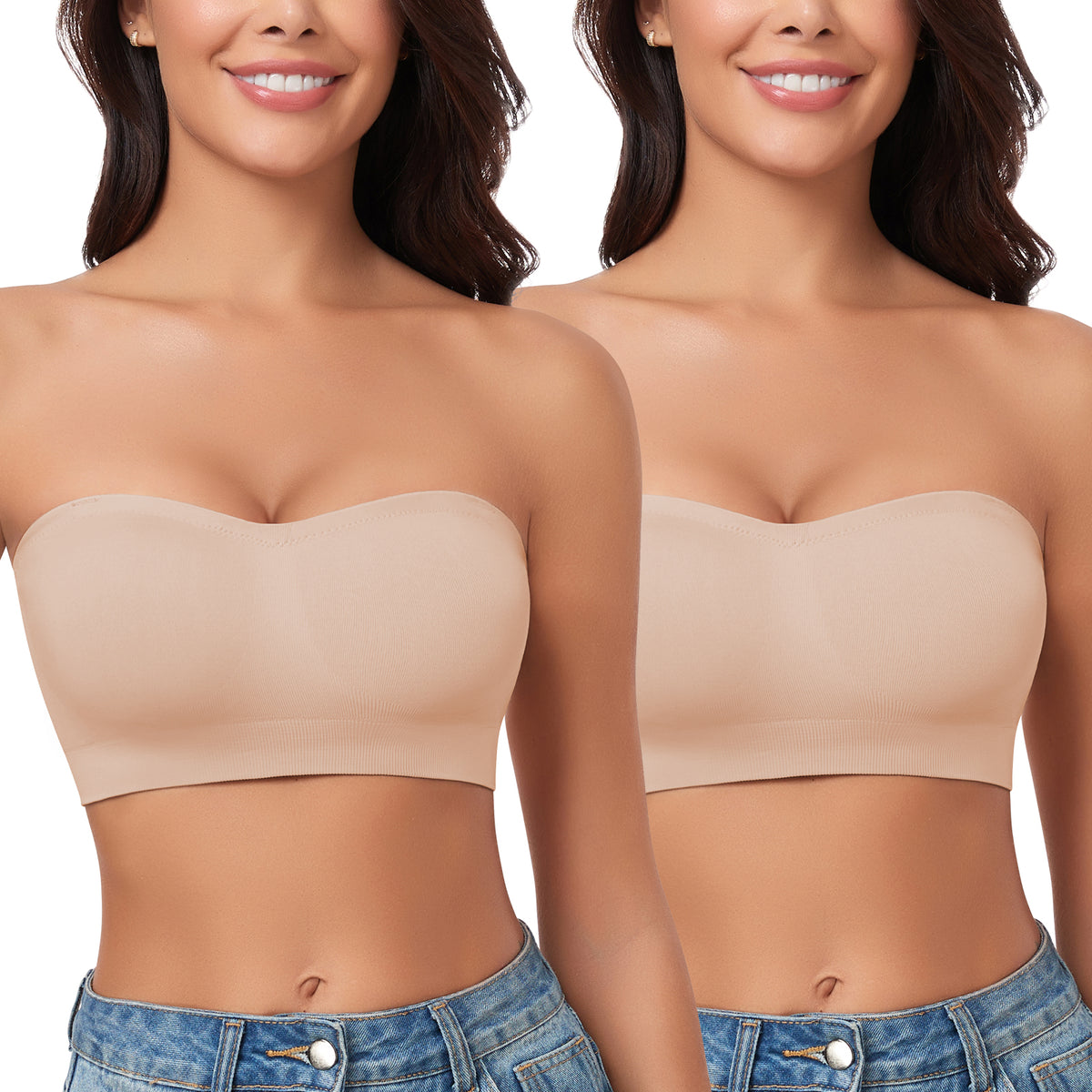 2 Pack Strapless Bras for Women Non-Slip Wireless Bandeau Bras Supportive Padded Seamless Comfort Tube Top Bra with Clear Bra Straps