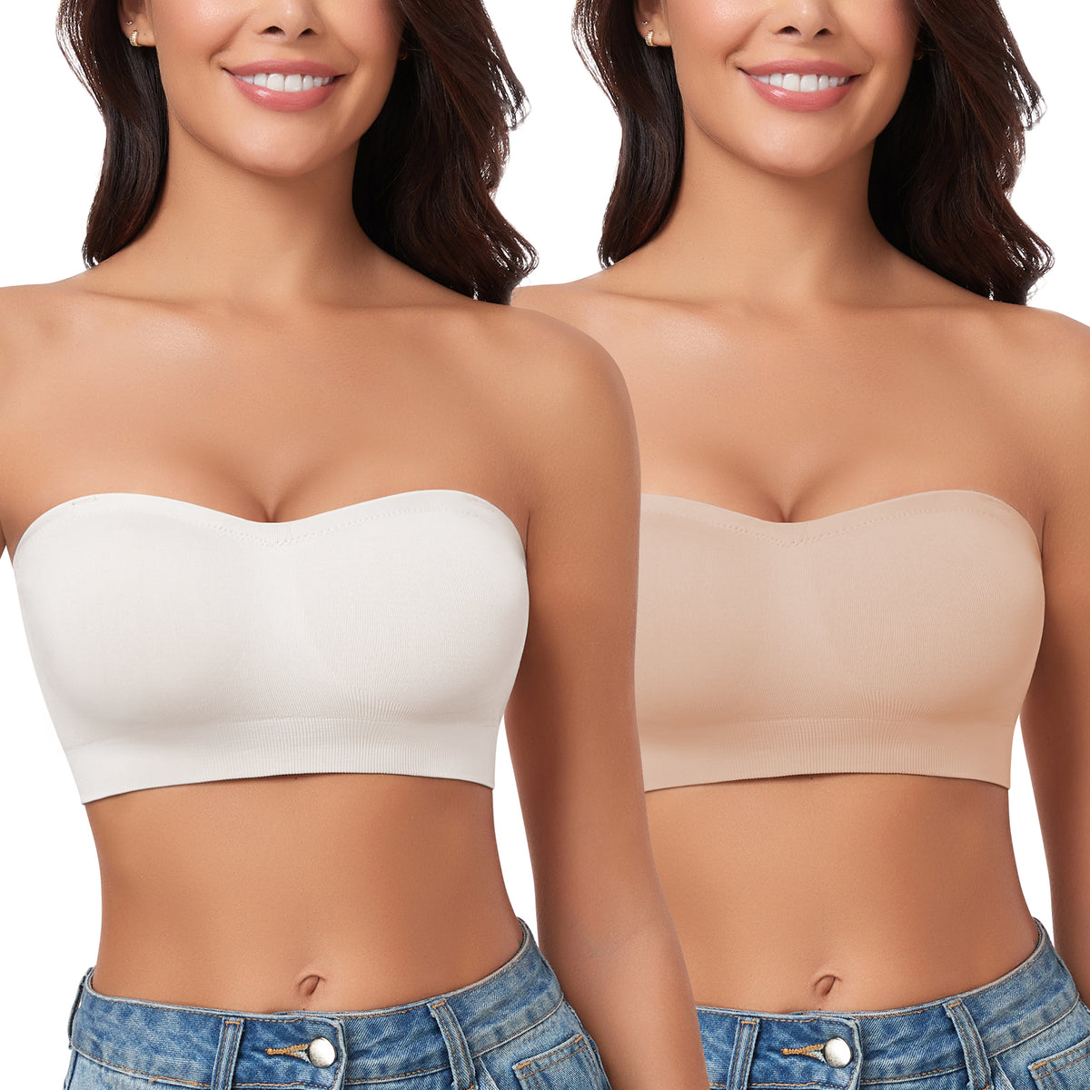 2 Pack Strapless Bras for Women Non-Slip Wireless Bandeau Bras Supportive Padded Seamless Comfort Tube Top Bra with Clear Bra Straps