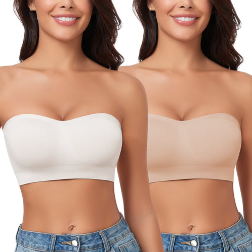 2 Pack Strapless Bras for Women Non-Slip Wireless Bandeau Bras Supportive Padded Seamless Comfort Tube Top Bra with Clear Bra Straps
