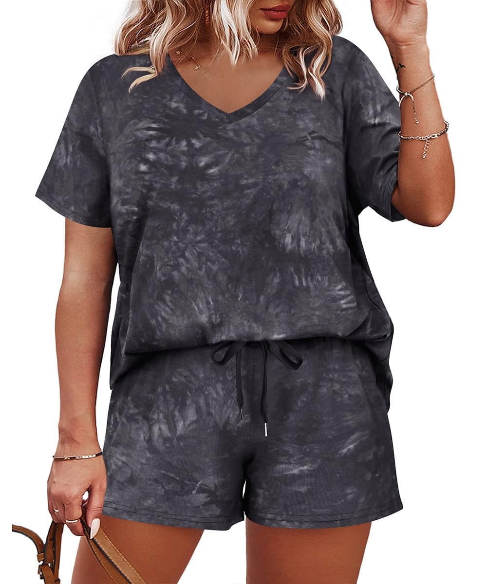 CASSIE LIZ Plus Size 2 Piece Short Sets for Women V Neck Tie Dye Short Sleeve Top and Shorts Set with Drawstring Casual Loungewear Travel Vacation Outfits with Pockets XL-5XL