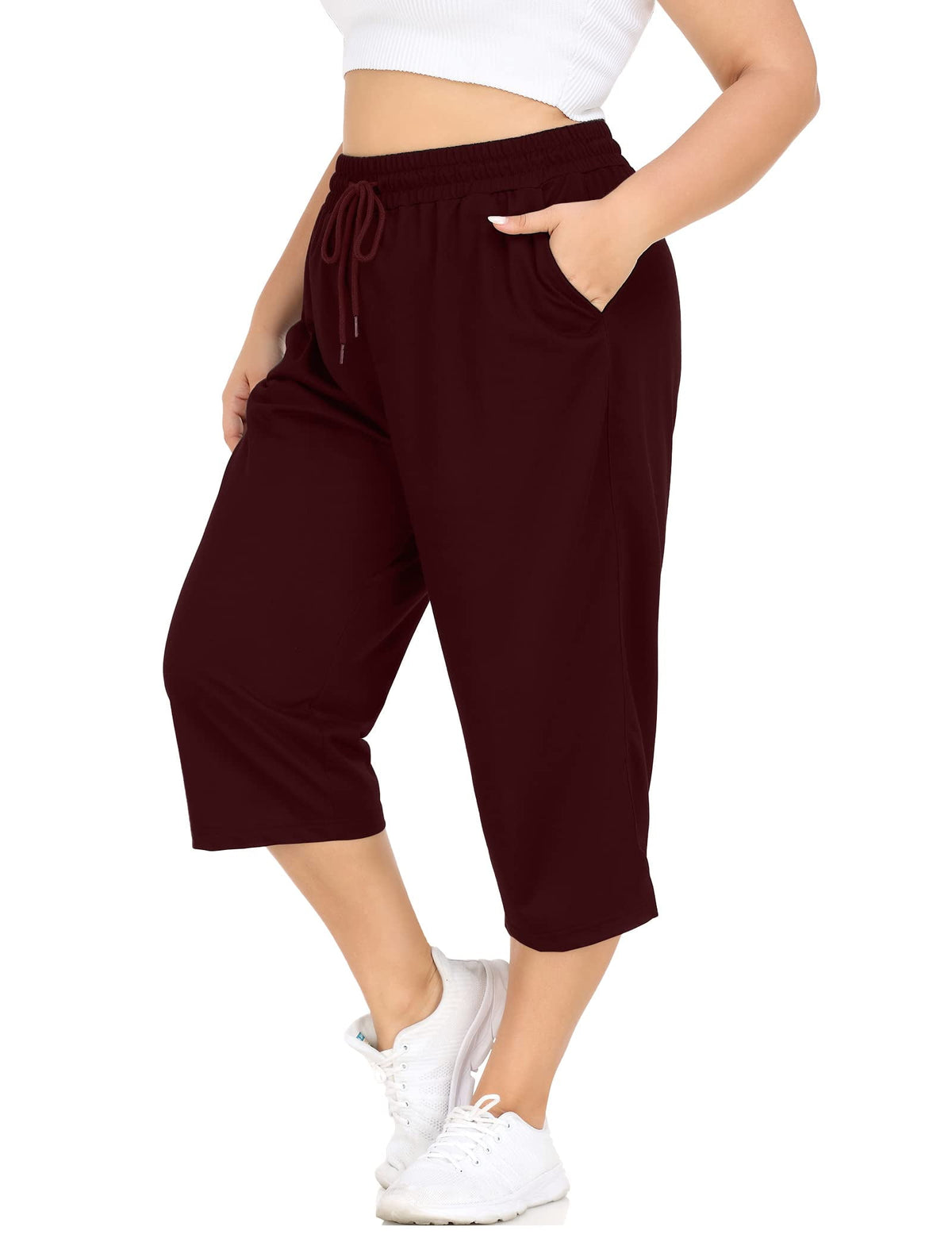 CASSIE LIZ Plus Size Capris Womens Knit Yoga Capri Pants Summer Casual Elastic Waist Lounge Capris Drawstring Workout Activewear Pants Spring Loose Fit Sweatpants with Pocket Solid/Camo (XL-5XL)