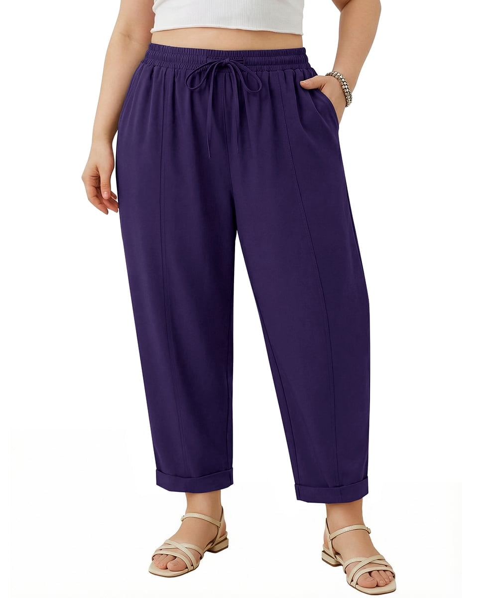 CASSIE LIZ Plus Size Curvy Womens Spring Summer Beach Wide Leg Palazzo Pants Drawstring Trousers with Pockets (XL-5XL)