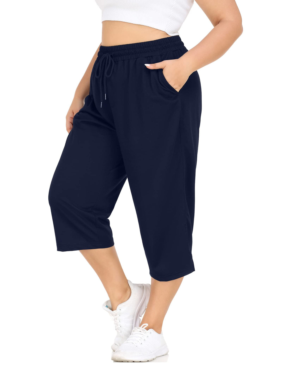 CASSIE LIZ Plus Size Capris Womens Knit Yoga Capri Pants Summer Casual Elastic Waist Lounge Capris Drawstring Workout Activewear Pants Spring Loose Fit Sweatpants with Pocket Solid/Camo (XL-5XL)