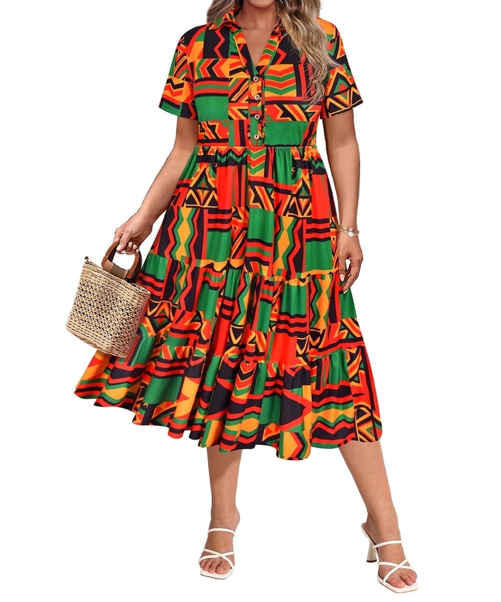 CASSIE LIZ Dresses for Women Summer Midi Womens Boho Shirt Dresses Short Sleeve Collared V Neck Loose Fit Sun Dresses with Pocket Floral/Glitter/Striped (XL-5XL)