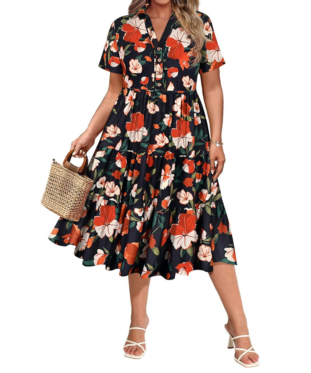 CASSIE LIZ Dresses for Women Summer Midi Womens Boho Shirt Dresses Short Sleeve Collared V Neck Loose Fit Sun Dresses with Pocket Floral/Glitter/Striped (XL-5XL)