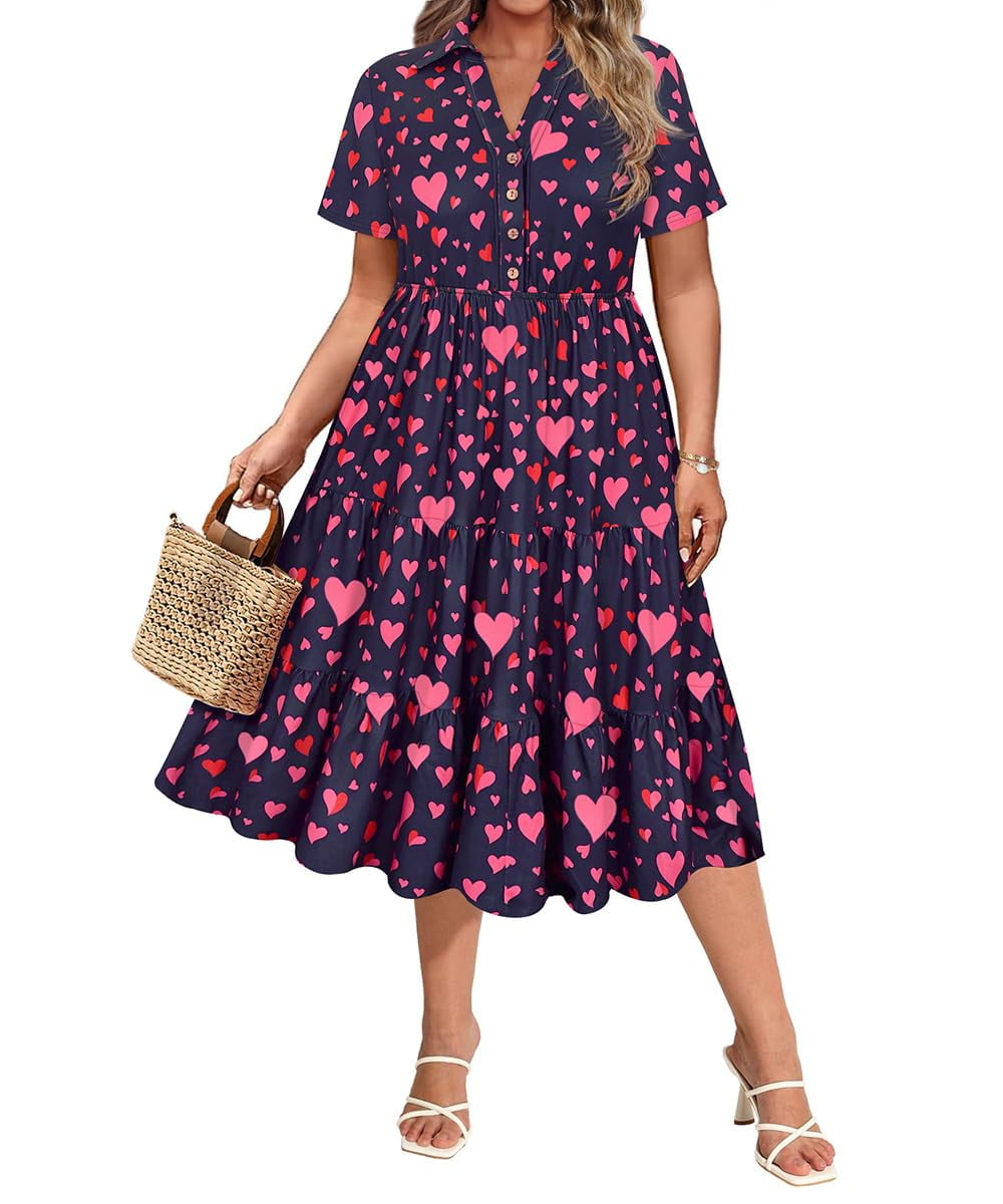 CASSIE LIZ Dresses for Women Summer Midi Womens Boho Shirt Dresses Short Sleeve Collared V Neck Loose Fit Sun Dresses with Pocket Floral/Glitter/Striped (XL-5XL)