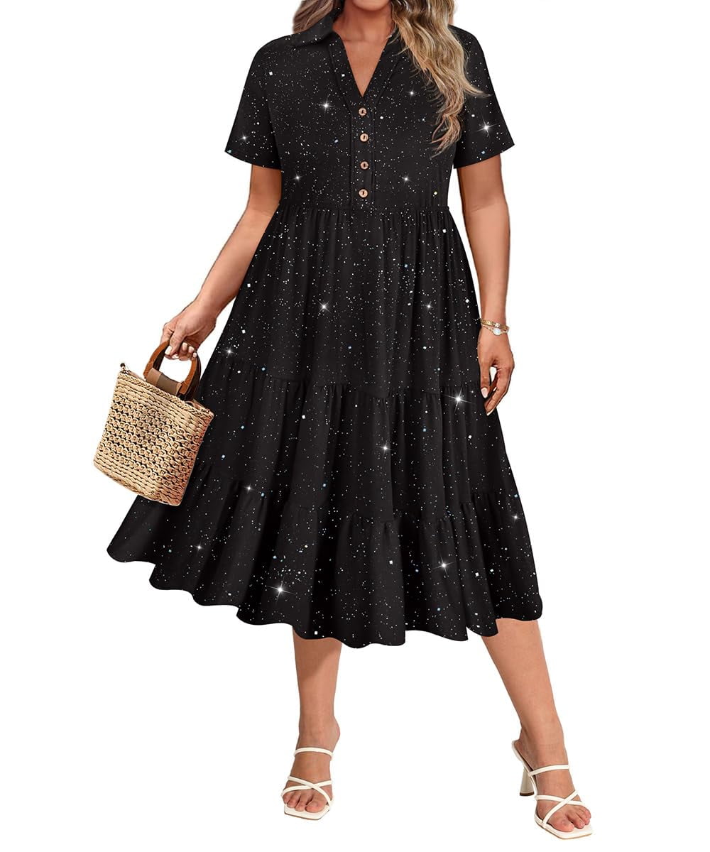 CASSIE LIZ Dresses for Women Summer Midi Womens Boho Shirt Dresses Short Sleeve Collared V Neck Loose Fit Sun Dresses with Pocket Floral/Glitter/Striped (XL-5XL)