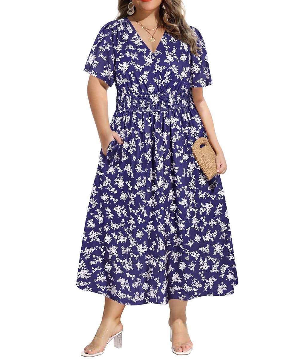 CASSIE LIZ Plus Size Dresses Summer Midi Womens Sun Dresses Boho Beach Short Sleeve V Neck Loose Fit Spring Party Dresses with Pocket Floral/Leaf/Tie Dye/Star (XL-5XL)
