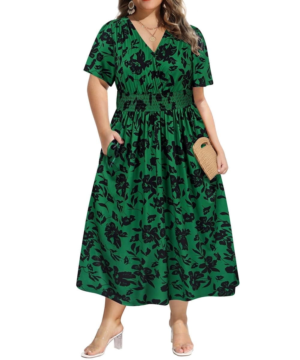 CASSIE LIZ Plus Size Dresses Summer Midi Womens Sun Dresses Boho Beach Short Sleeve V Neck Loose Fit Spring Party Dresses with Pocket Floral/Leaf/Tie Dye/Star (XL-5XL)