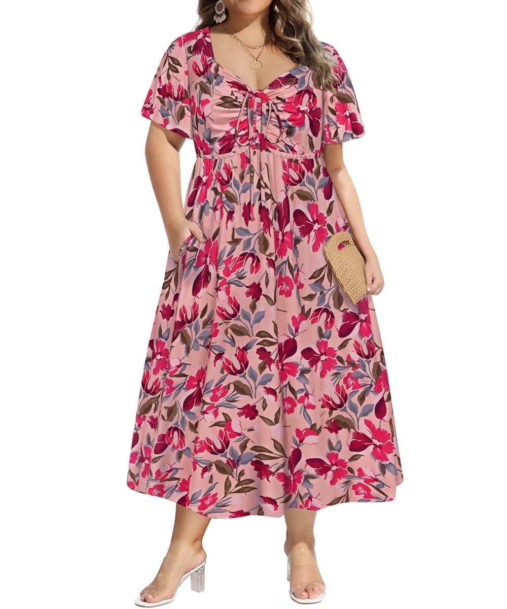 CASSIE LIZ Plus Size Dresses Summer Midi Womens Sun Dresses Boho Beach Short Sleeve V Neck Loose Fit Spring Party Dresses with Pocket Floral/Leaf/Tie Dye/Star (XL-5XL)