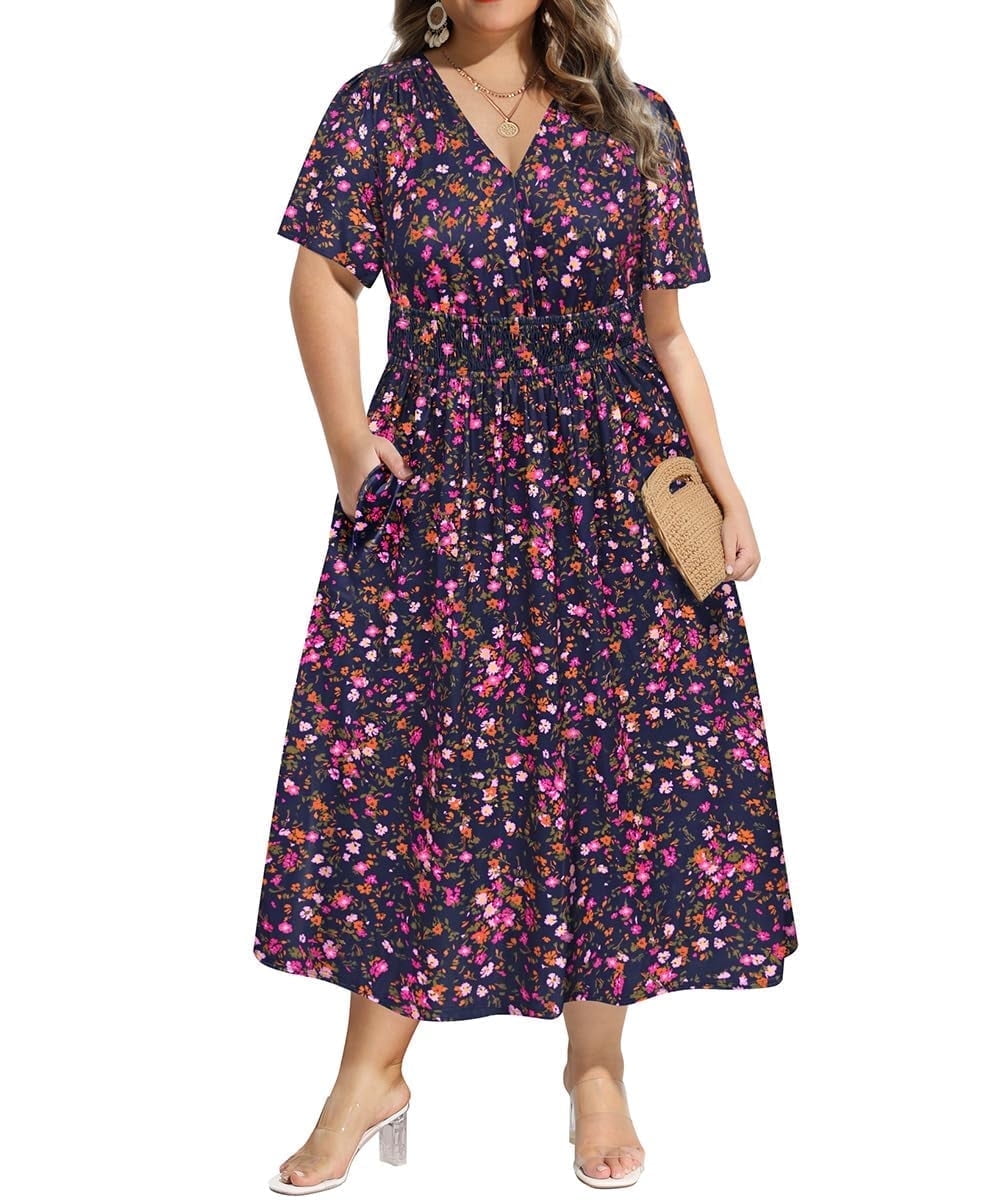 CASSIE LIZ Plus Size Dresses Summer Midi Womens Sun Dresses Boho Beach Short Sleeve V Neck Loose Fit Spring Party Dresses with Pocket Floral/Leaf/Tie Dye/Star (XL-5XL)