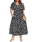 CASSIE LIZ Plus Size Dresses Summer Midi Womens Sun Dresses Boho Beach Short Sleeve V Neck Loose Fit Spring Party Dresses with Pocket Floral/Leaf/Tie Dye/Star (XL-5XL)