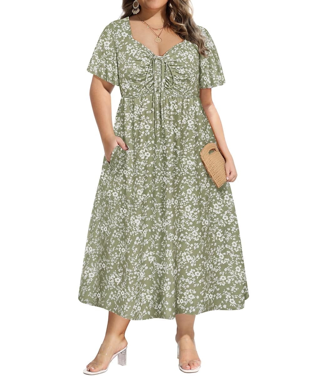 CASSIE LIZ Plus Size Dresses Summer Midi Womens Sun Dresses Boho Beach Short Sleeve V Neck Loose Fit Spring Party Dresses with Pocket Floral/Leaf/Tie Dye/Star (XL-5XL)