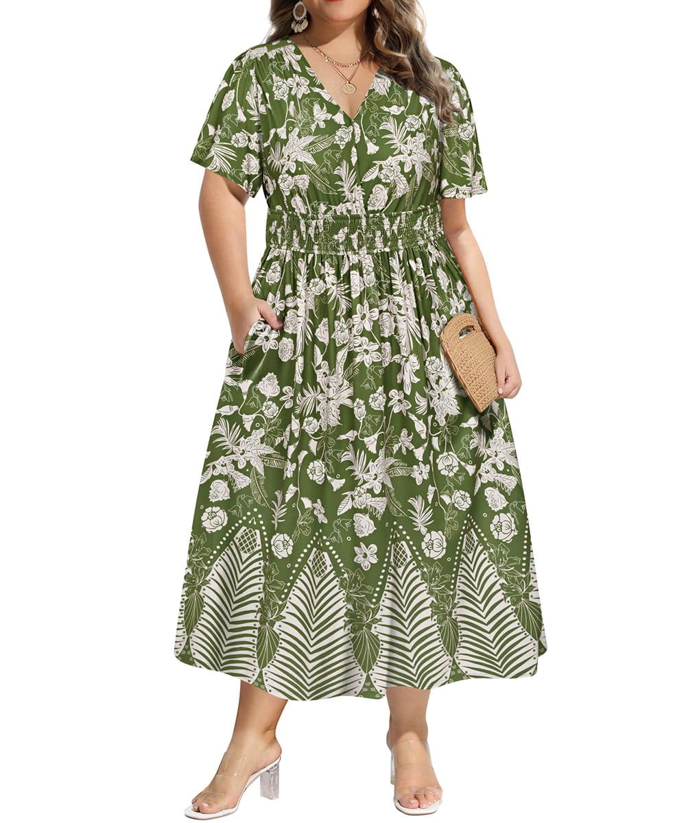 CASSIE LIZ Plus Size Dresses Summer Midi Womens Sun Dresses Boho Beach Short Sleeve V Neck Loose Fit Spring Party Dresses with Pocket Floral/Leaf/Tie Dye/Star (XL-5XL)