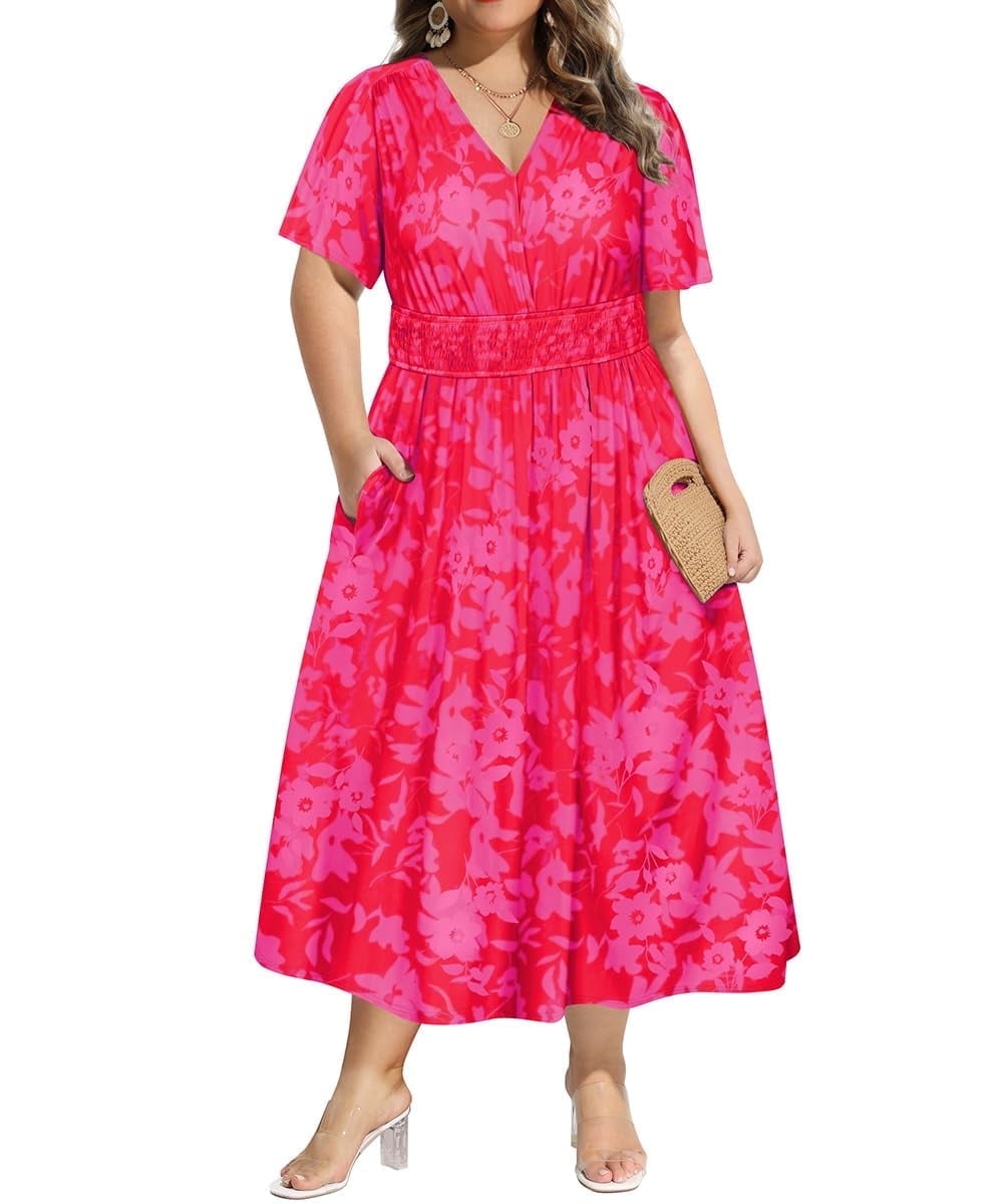 CASSIE LIZ Plus Size Dresses Summer Midi Womens Sun Dresses Boho Beach Short Sleeve V Neck Loose Fit Spring Party Dresses with Pocket Floral/Leaf/Tie Dye/Star (XL-5XL)