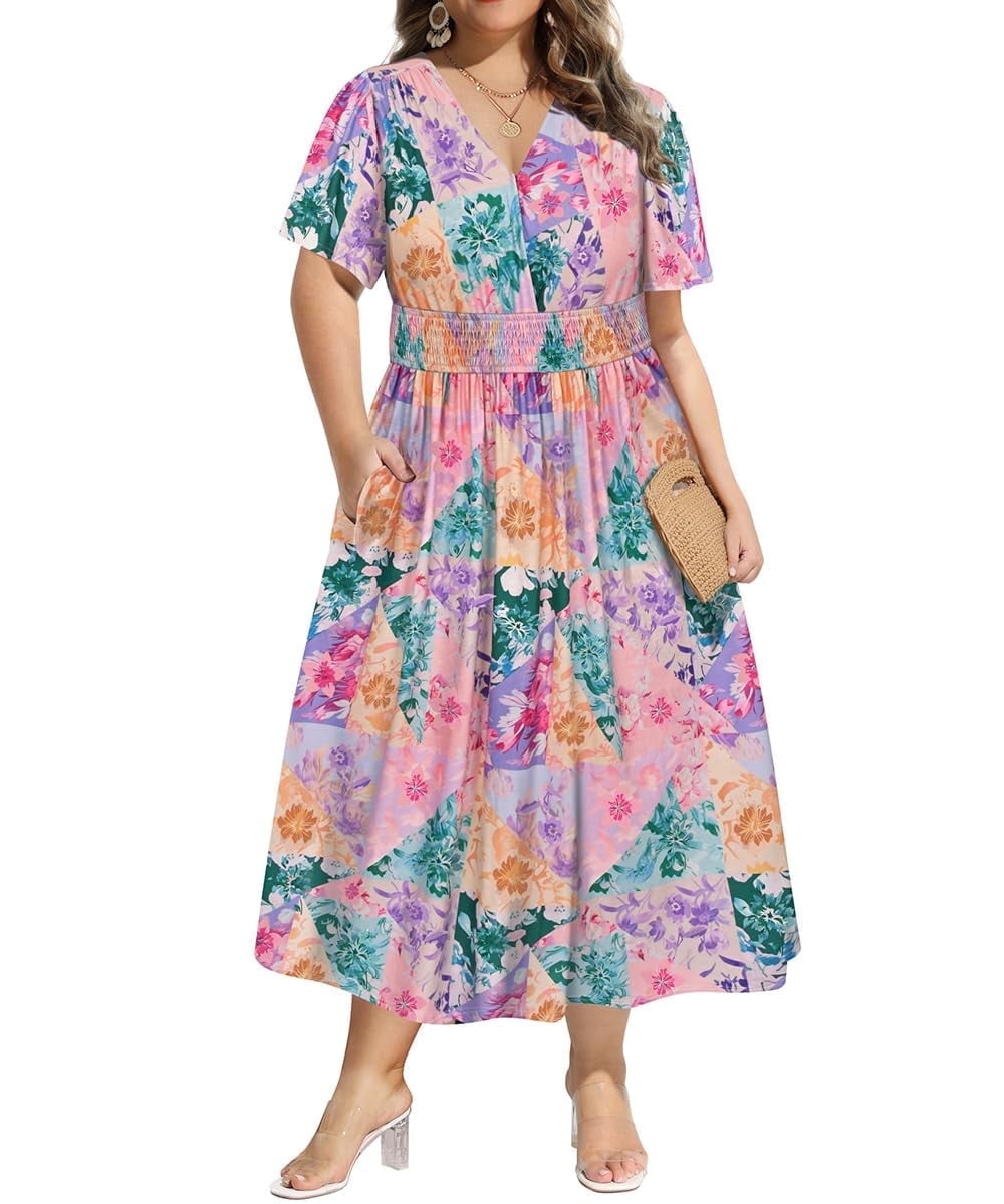 CASSIE LIZ Plus Size Dresses Summer Midi Womens Sun Dresses Boho Beach Short Sleeve V Neck Loose Fit Spring Party Dresses with Pocket Floral/Leaf/Tie Dye/Star (XL-5XL)
