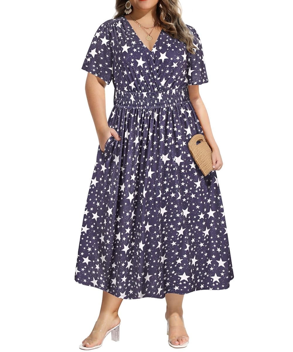 CASSIE LIZ Plus Size Dresses Summer Midi Womens Sun Dresses Boho Beach Short Sleeve V Neck Loose Fit Spring Party Dresses with Pocket Floral/Leaf/Tie Dye/Star (XL-5XL)