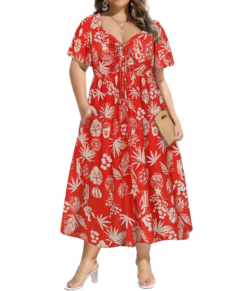 CASSIE LIZ Plus Size Dresses Summer Midi Womens Sun Dresses Boho Beach Short Sleeve V Neck Loose Fit Spring Party Dresses with Pocket Floral/Leaf/Tie Dye/Star (XL-5XL)
