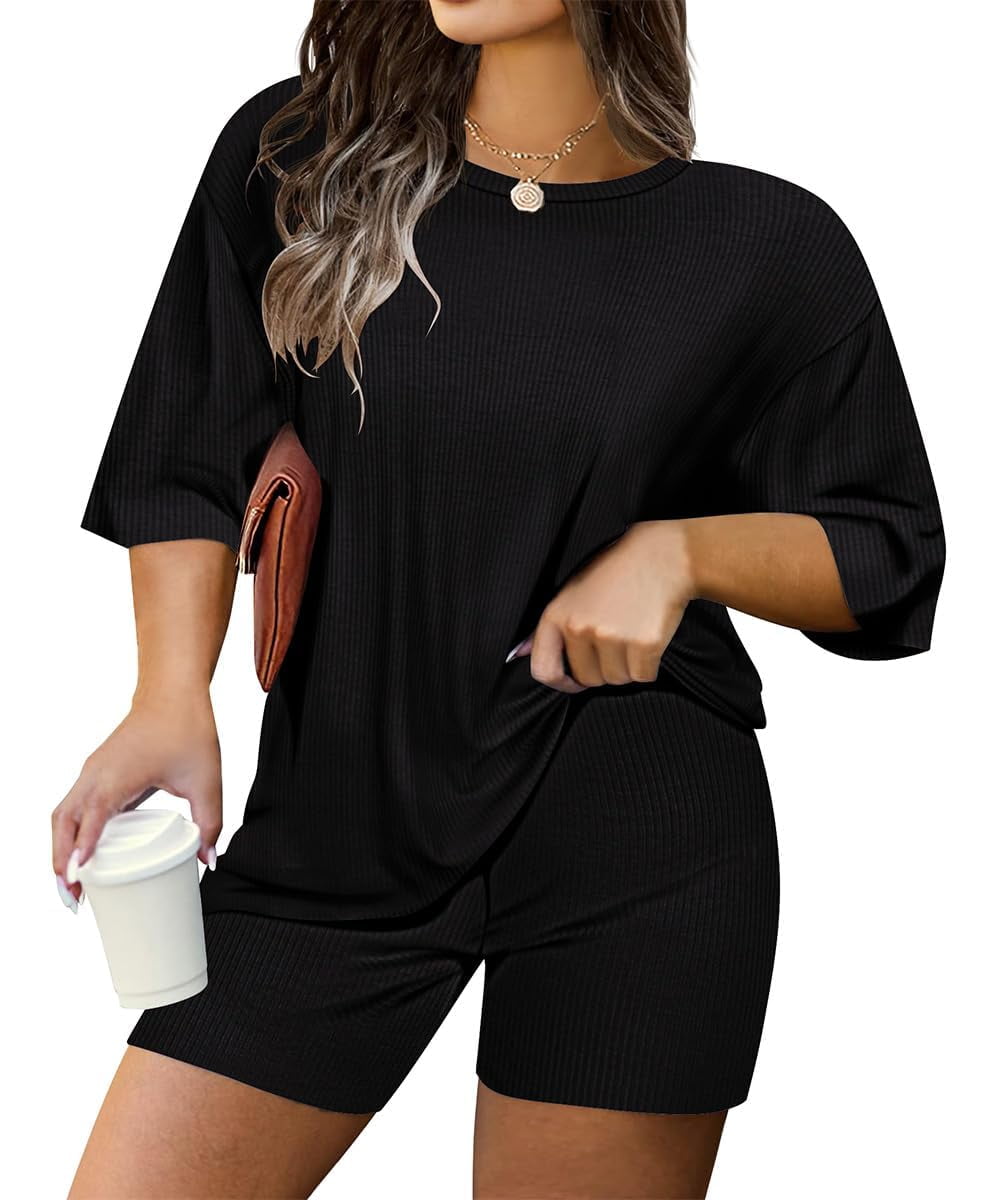 CASSIE LIZ Plus Size Outfits Womens 2 Piece Short Sets Oversized Tshirts Matching Biker Short Solid Summer Clothing XL-5XL
