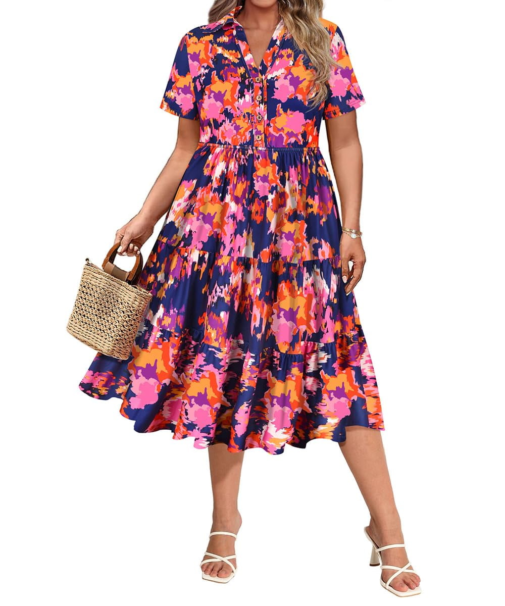 CASSIE LIZ Dresses for Women Summer Midi Womens Boho Shirt Dresses Short Sleeve Collared V Neck Loose Fit Sun Dresses with Pocket Floral/Glitter/Striped (XL-5XL)