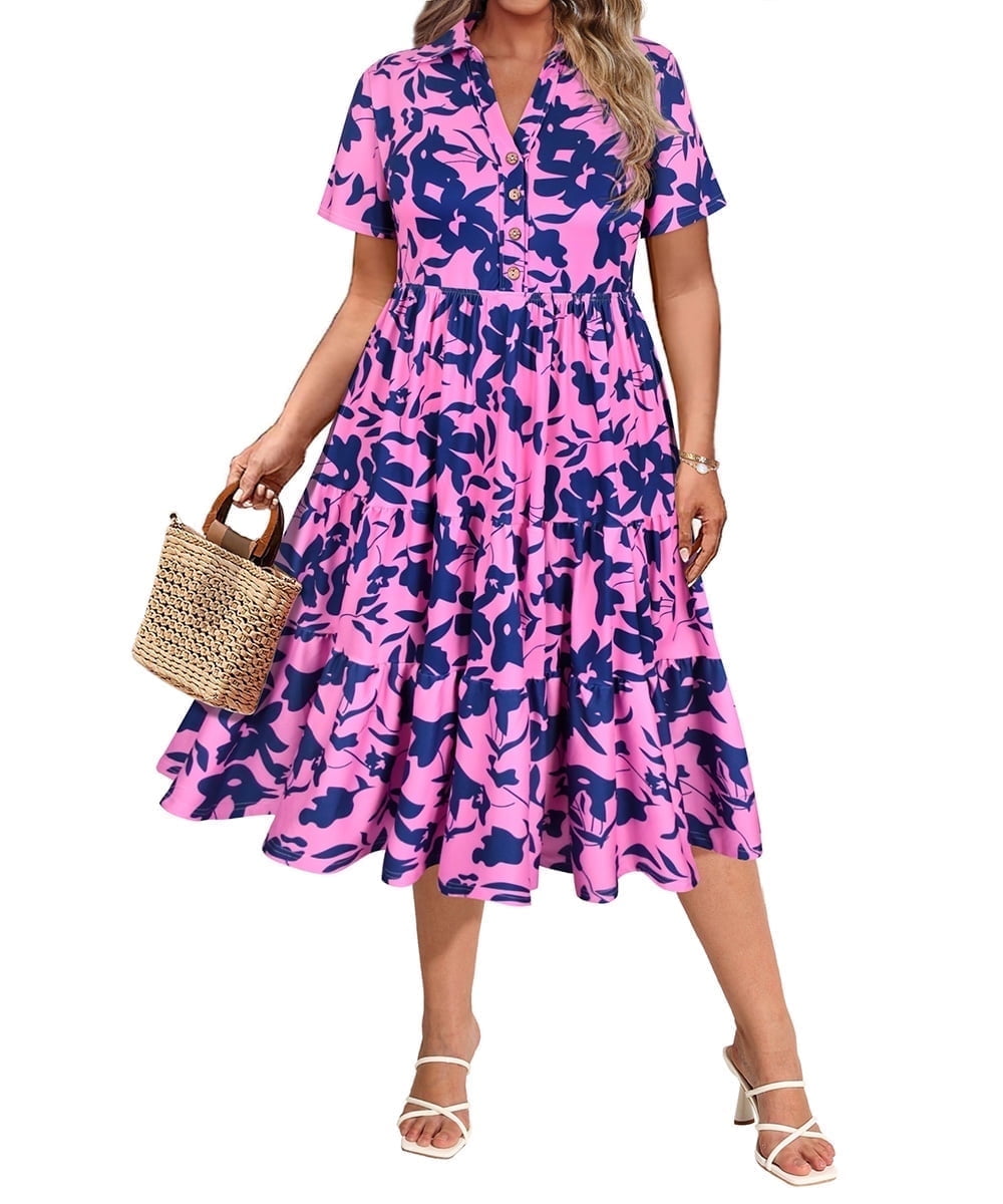 CASSIE LIZ Dresses for Women Summer Midi Womens Boho Shirt Dresses Short Sleeve Collared V Neck Loose Fit Sun Dresses with Pocket Floral/Glitter/Striped (XL-5XL)