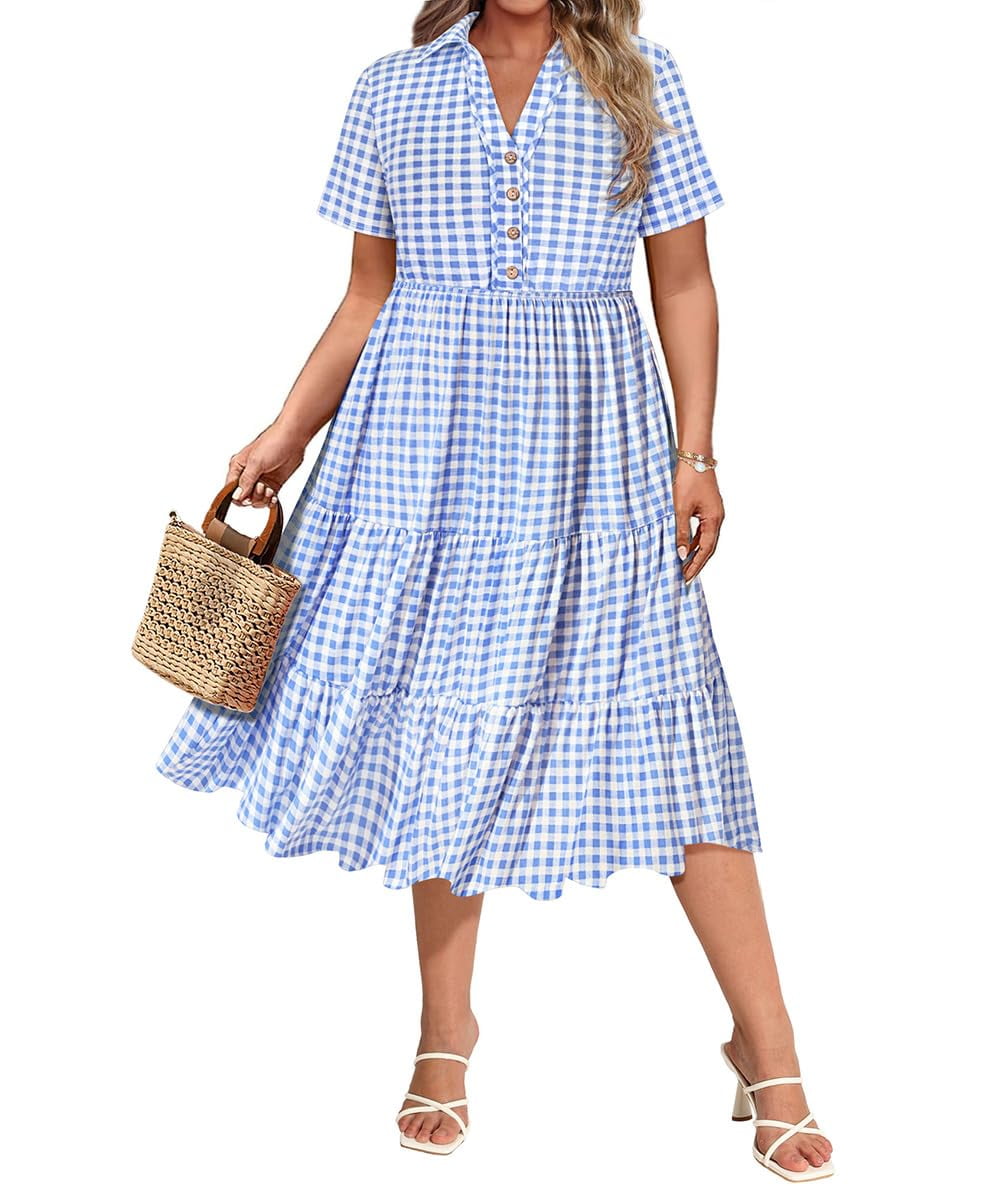CASSIE LIZ Dresses for Women Summer Midi Womens Boho Shirt Dresses Short Sleeve Collared V Neck Loose Fit Sun Dresses with Pocket Floral/Glitter/Striped (XL-5XL)
