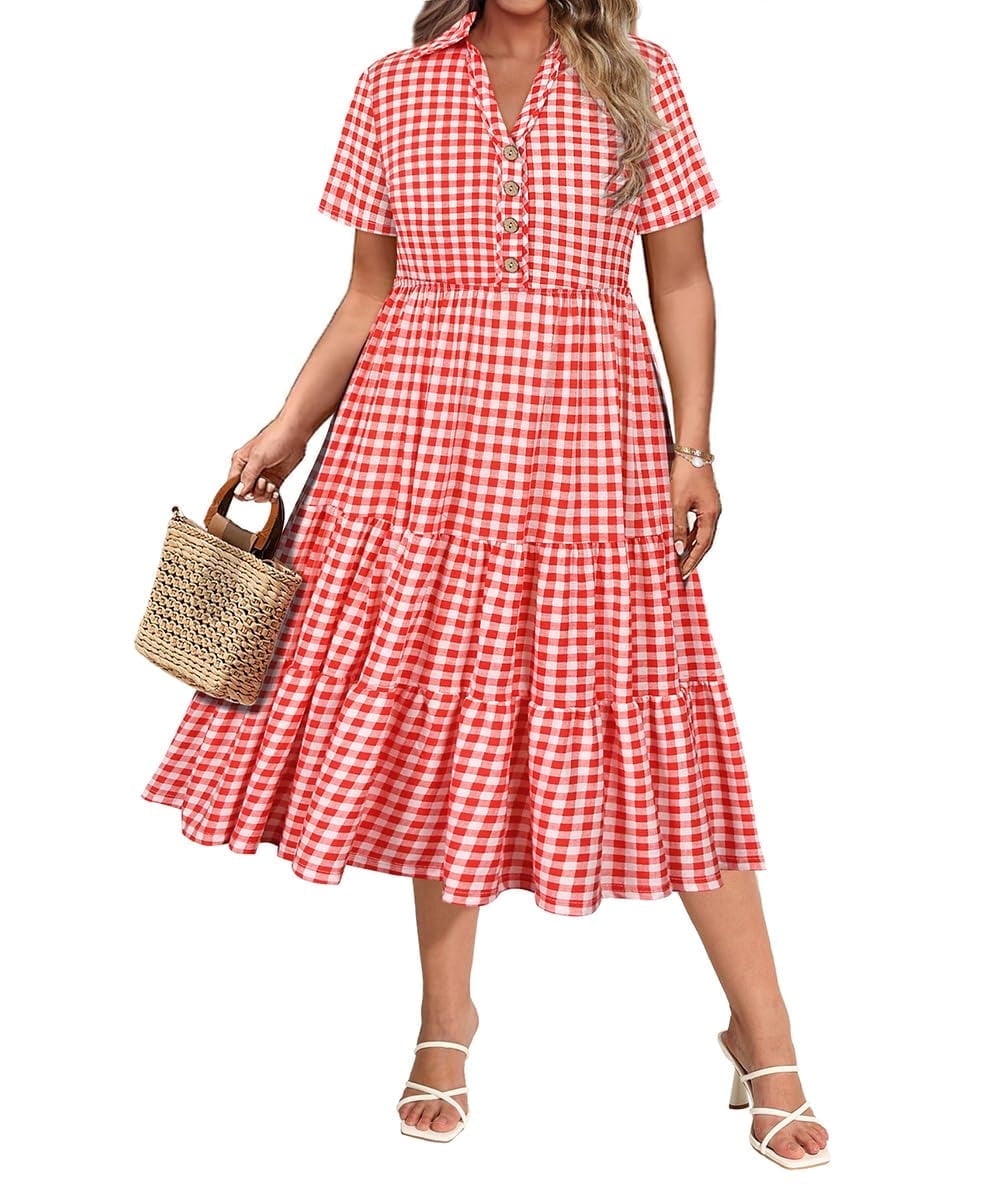 CASSIE LIZ Dresses for Women Summer Midi Womens Boho Shirt Dresses Short Sleeve Collared V Neck Loose Fit Sun Dresses with Pocket Floral/Glitter/Striped (XL-5XL)