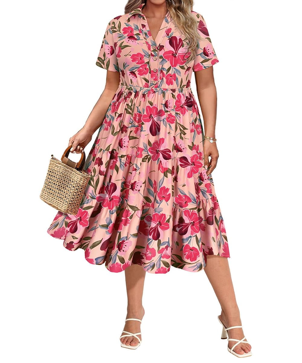 CASSIE LIZ Dresses for Women Summer Midi Womens Boho Shirt Dresses Short Sleeve Collared V Neck Loose Fit Sun Dresses with Pocket Floral/Glitter/Striped (XL-5XL)