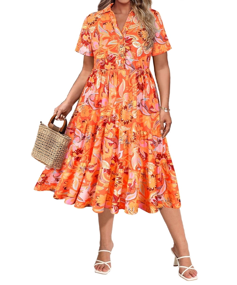 CASSIE LIZ Dresses for Women Summer Midi Womens Boho Shirt Dresses Short Sleeve Collared V Neck Loose Fit Sun Dresses with Pocket Floral/Glitter/Striped (XL-5XL)