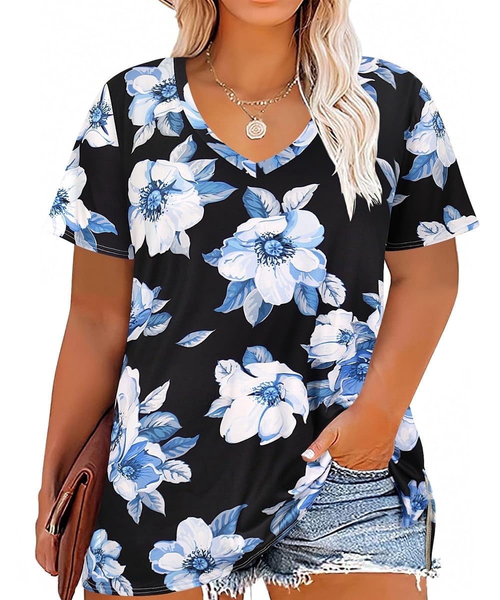 CASSIE LIZ Plus Size Tops Summer Womens Shirts V Neck Fashion Short Sleeve Tee Loose Fit Tunics Spring Blouses Casual Pullover Casual Pullovers Floral/Tie Dye/Leopard/Patriotic/Striped/Solid (XL-5XL)