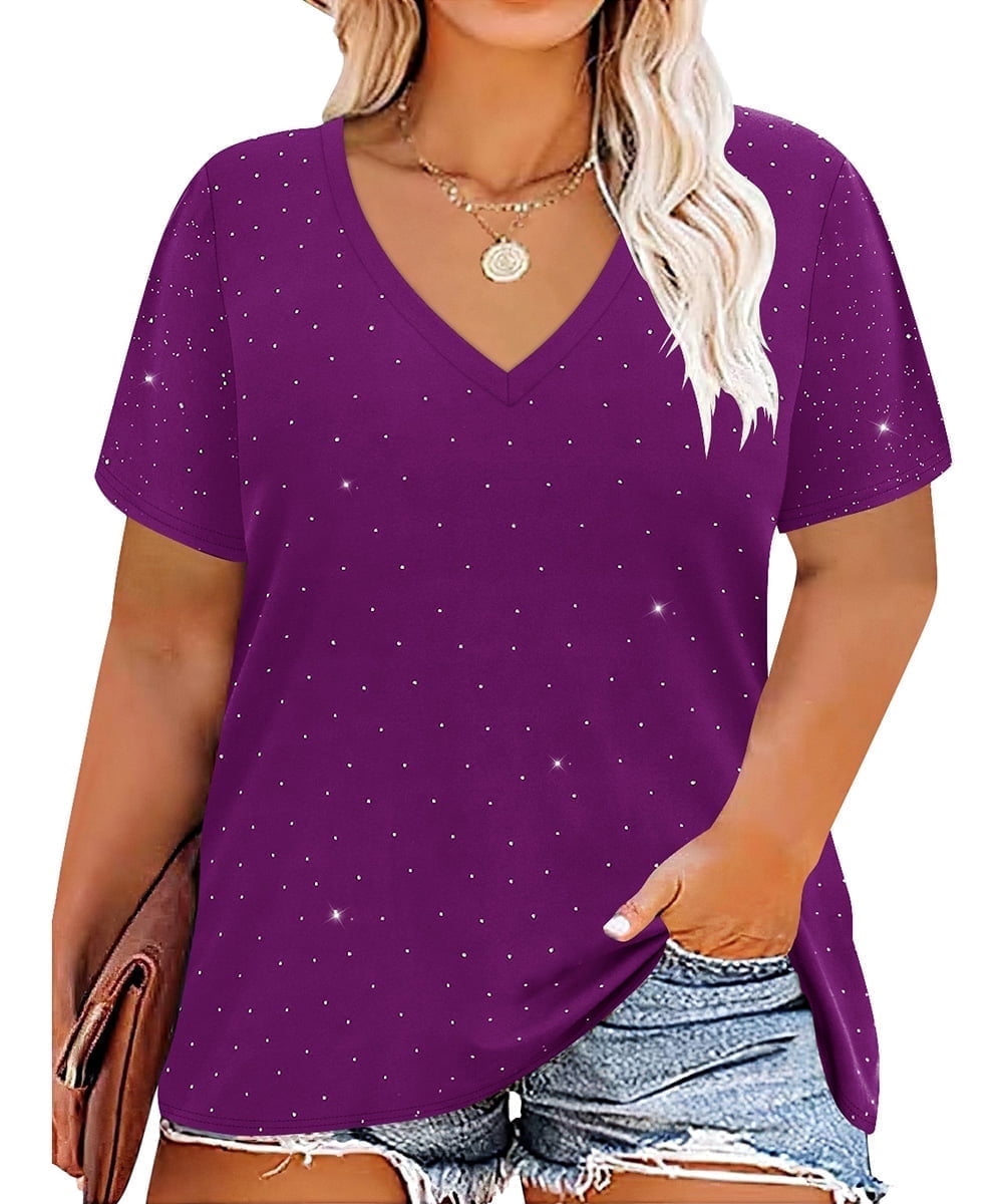 CASSIE LIZ Plus Size Tops Summer Womens Shirts V Neck Fashion Short Sleeve Tee Loose Fit Tunics Spring Blouses Casual Pullover Casual Pullovers Floral/Tie Dye/Leopard/Patriotic/Striped/Solid (XL-5XL)