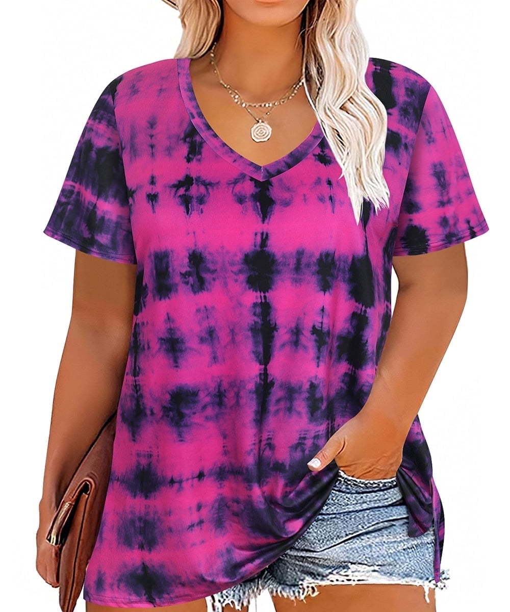 CASSIE LIZ Plus Size Tops Summer Womens Shirts V Neck Fashion Short Sleeve Tee Loose Fit Tunics Spring Blouses Casual Pullover Casual Pullovers Floral/Tie Dye/Leopard/Patriotic/Striped/Solid (XL-5XL)