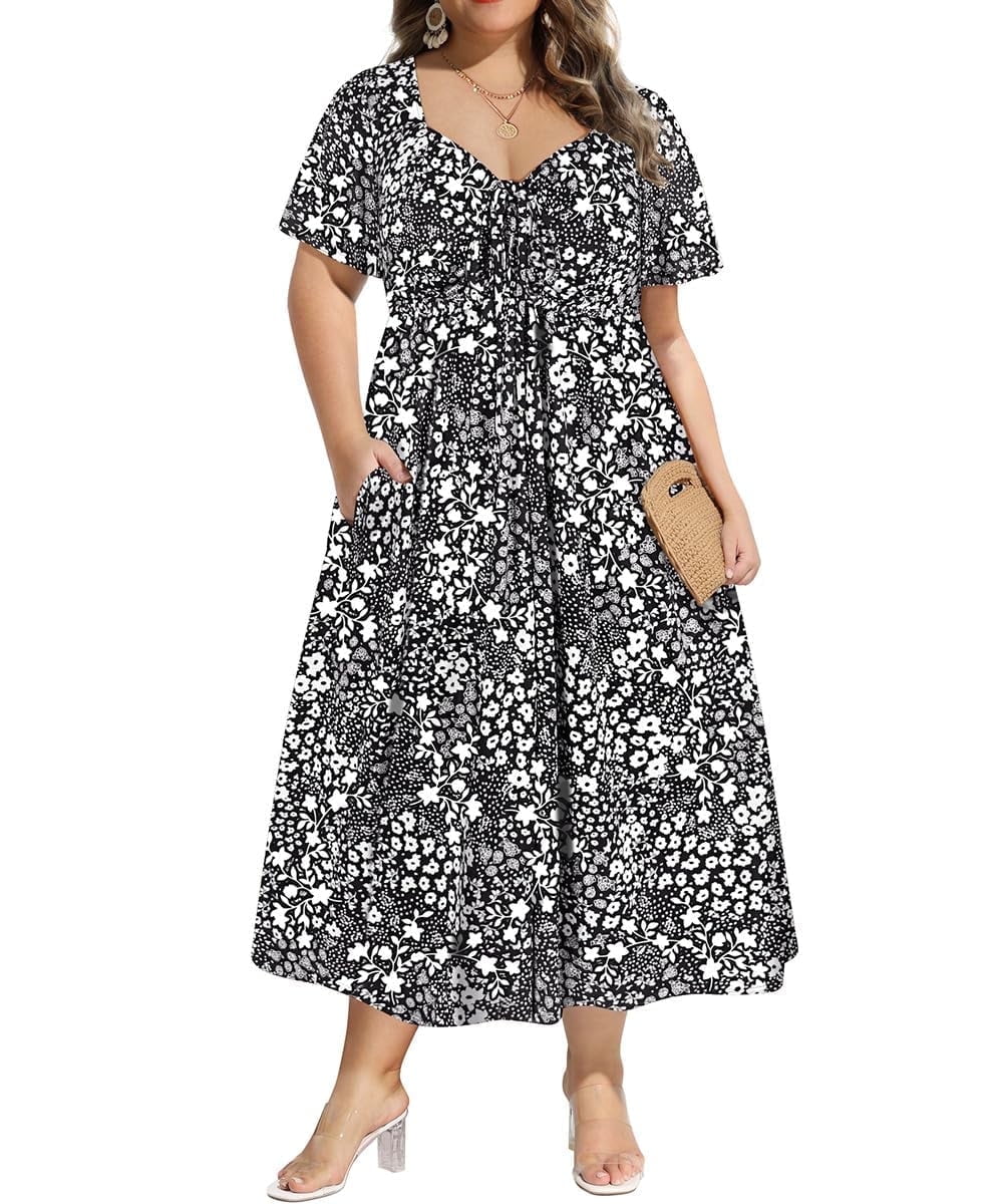 CASSIE LIZ Plus Size Dresses Summer Midi Womens Sun Dresses Boho Beach Short Sleeve V Neck Loose Fit Spring Party Dresses with Pocket Floral/Leaf/Tie Dye/Star (XL-5XL)