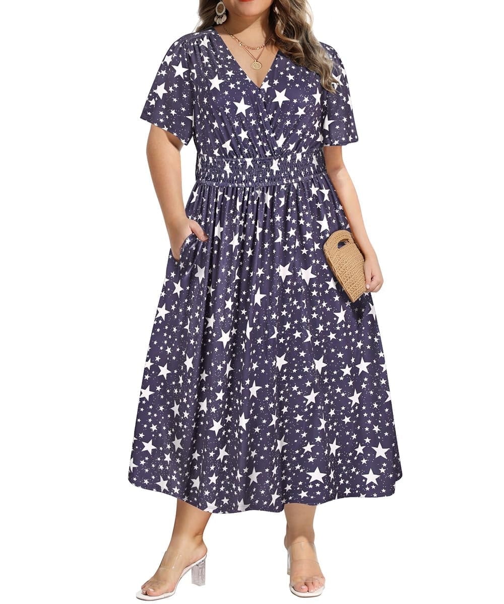 CASSIE LIZ Plus Size Dresses Summer Midi Womens Sun Dresses Boho Beach Short Sleeve V Neck Loose Fit Spring Party Dresses with Pocket Floral/Leaf/Tie Dye/Star (XL-5XL)