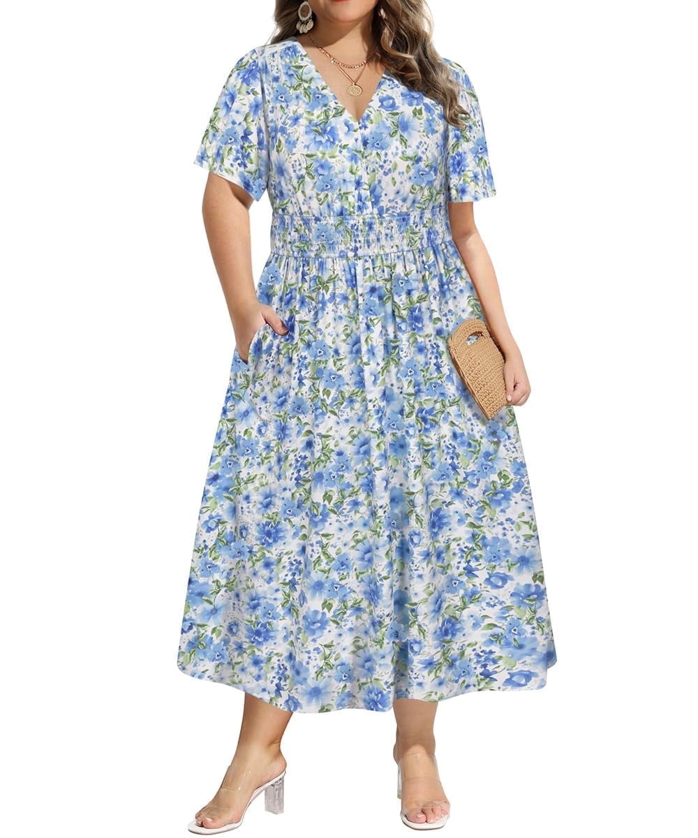 CASSIE LIZ Plus Size Dresses Summer Midi Womens Sun Dresses Boho Beach Short Sleeve V Neck Loose Fit Spring Party Dresses with Pocket Floral/Leaf/Tie Dye/Star (XL-5XL)