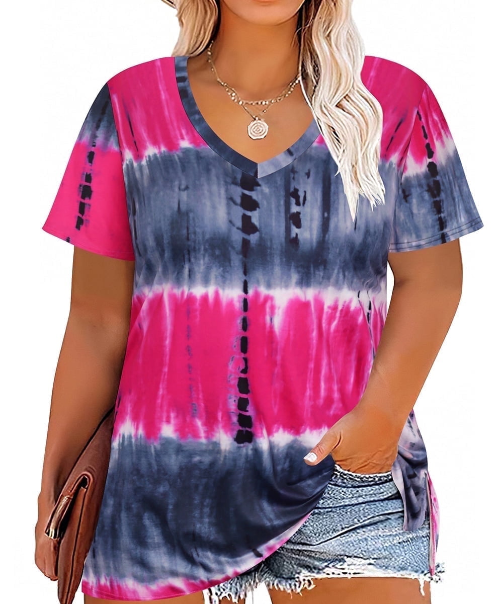 CASSIE LIZ Plus Size Tops Summer Womens Shirts V Neck Fashion Short Sleeve Tee Loose Fit Tunics Spring Blouses Casual Pullover Casual Pullovers Floral/Tie Dye/Leopard/Patriotic/Striped/Solid (XL-5XL)