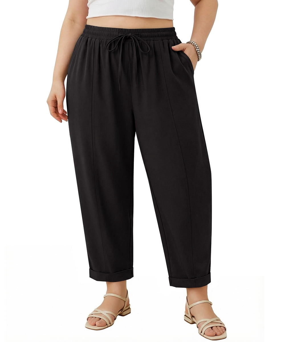 CASSIE LIZ Plus Size Curvy Womens Spring Summer Beach Wide Leg Palazzo Pants Drawstring Trousers with Pockets (XL-5XL)