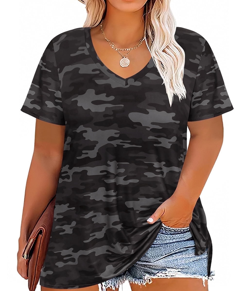 CASSIE LIZ Plus Size Tops Summer Womens Shirts V Neck Fashion Short Sleeve Tee Loose Fit Tunics Spring Blouses Casual Pullover Casual Pullovers Floral/Tie Dye/Leopard/Patriotic/Striped/Solid (XL-5XL)