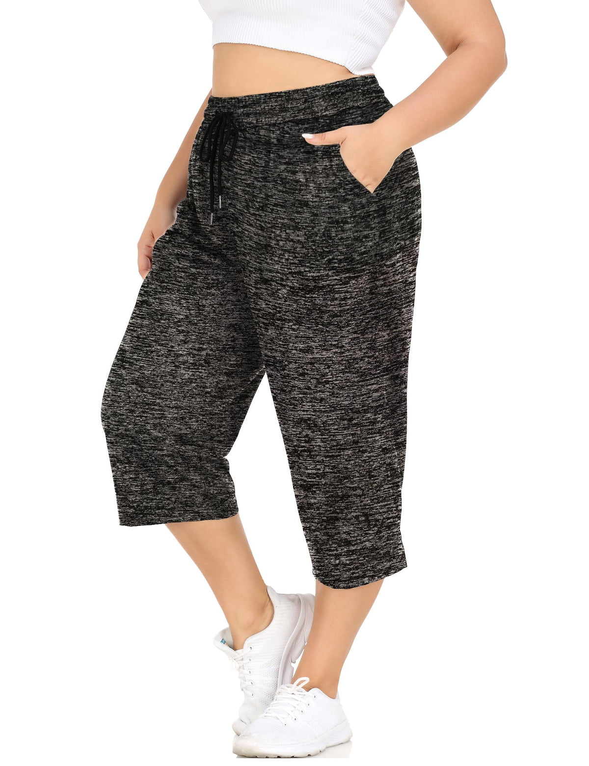 CASSIE LIZ Plus Size Capris Womens Knit Yoga Capri Pants Summer Casual Elastic Waist Lounge Capris Drawstring Workout Activewear Pants Spring Loose Fit Sweatpants with Pocket Solid/Camo (XL-5XL)