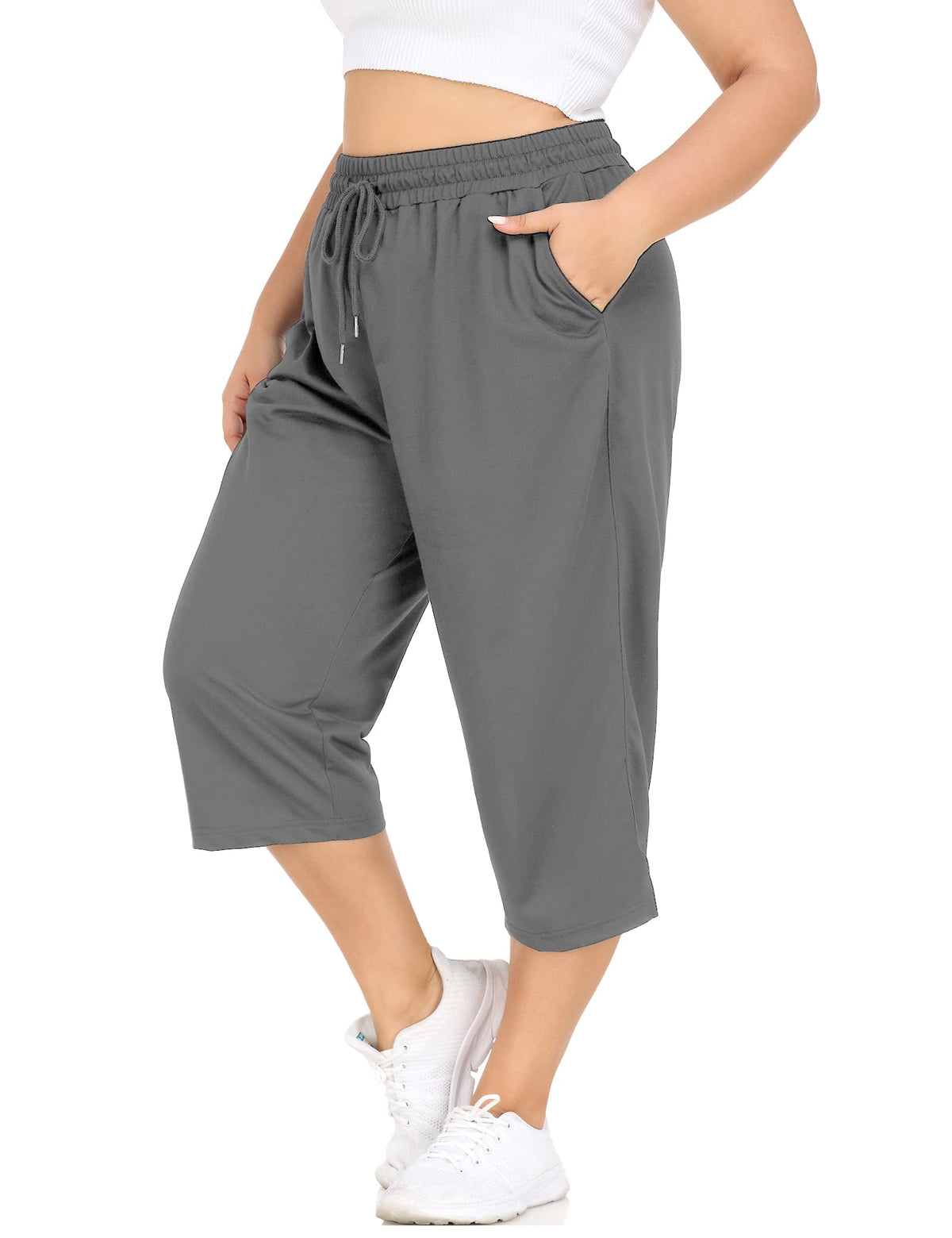 CASSIE LIZ Plus Size Capris Womens Knit Yoga Capri Pants Summer Casual Elastic Waist Lounge Capris Drawstring Workout Activewear Pants Spring Loose Fit Sweatpants with Pocket Solid/Camo (XL-5XL)