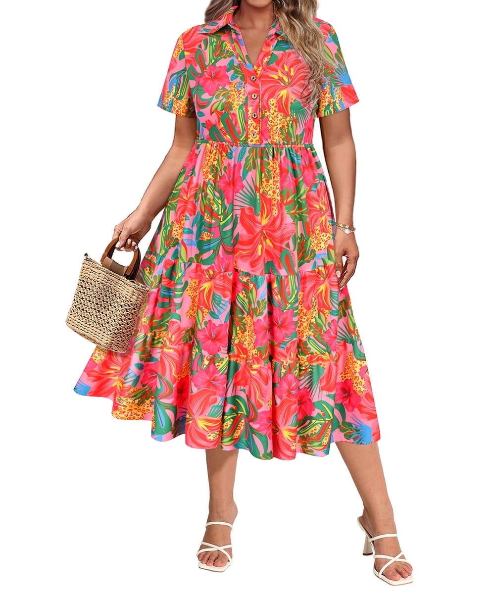 CASSIE LIZ Dresses for Women Summer Midi Womens Boho Shirt Dresses Short Sleeve Collared V Neck Loose Fit Sun Dresses with Pocket Floral/Glitter/Striped (XL-5XL)