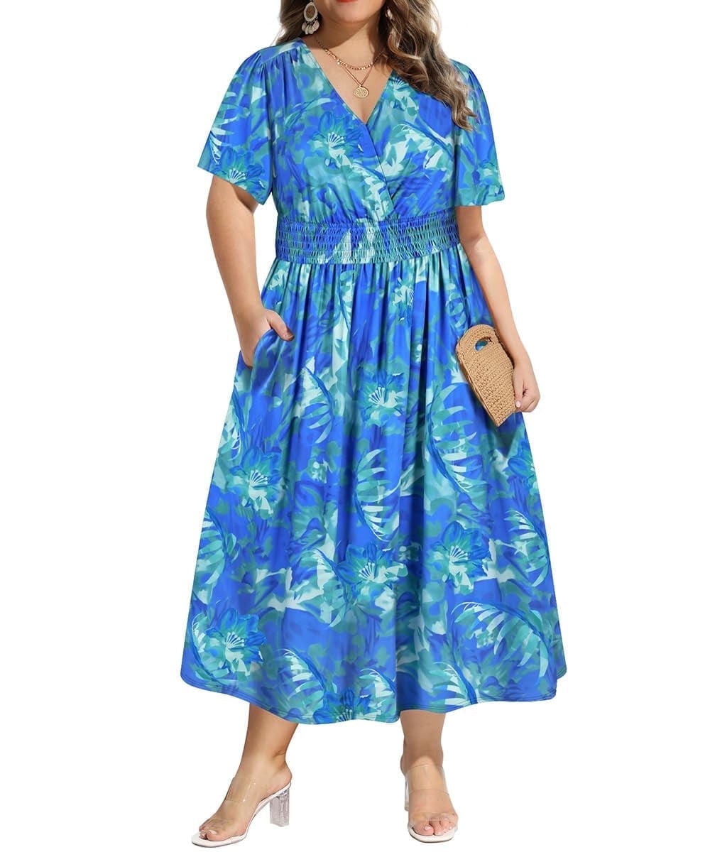 CASSIE LIZ Plus Size Dresses Summer Midi Womens Sun Dresses Boho Beach Short Sleeve V Neck Loose Fit Spring Party Dresses with Pocket Floral/Leaf/Tie Dye/Star (XL-5XL)