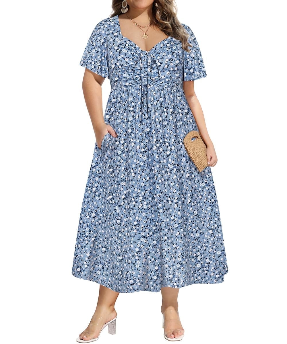 CASSIE LIZ Plus Size Dresses Summer Midi Womens Sun Dresses Boho Beach Short Sleeve V Neck Loose Fit Spring Party Dresses with Pocket Floral/Leaf/Tie Dye/Star (XL-5XL)